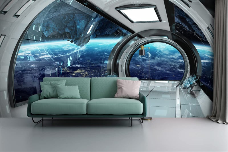 FLFK 3D Space Wall Murals Peel and Stick 141.7"x98.4"-Futuristic Spaceship Interior View Self-Adhesive Wallpaper Large Poster Painting Sticker for Kids Bedroom Decor - Image 1